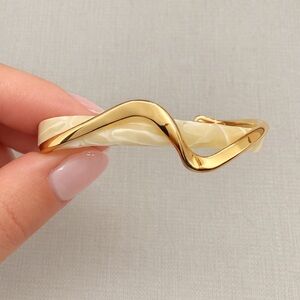Gold Wave Cuff Bracelet Cream Marble Inlay | Sculptural Open Bangle